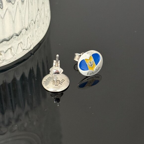 Barbados Heart Flag Earrings S925 Sterling Silver Handmade Ear Stud - Picture 4 of 4